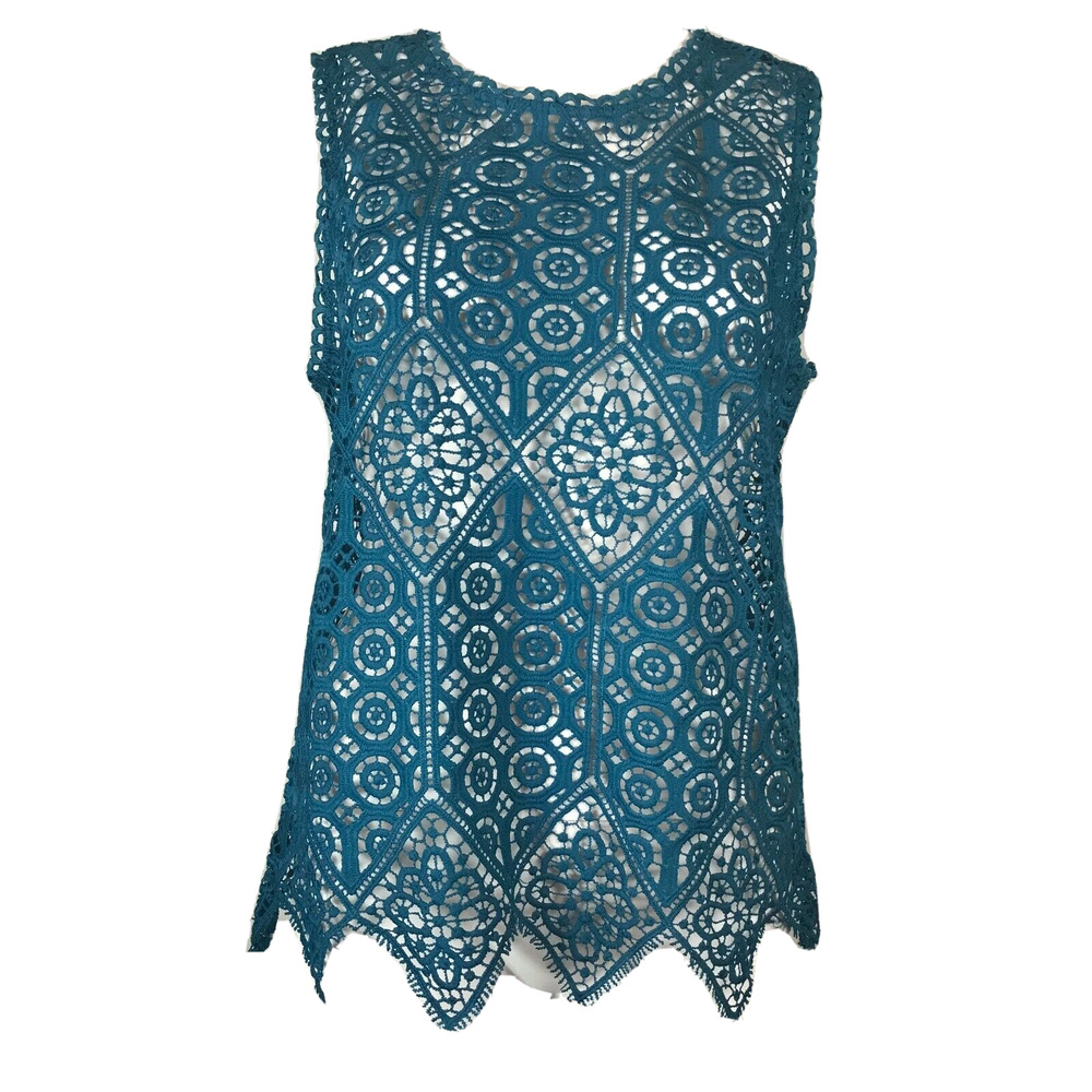 Deletta Anthro Top Womens Sz XS Teal Blue Crochet‎ Lace Scallop Sleeveless